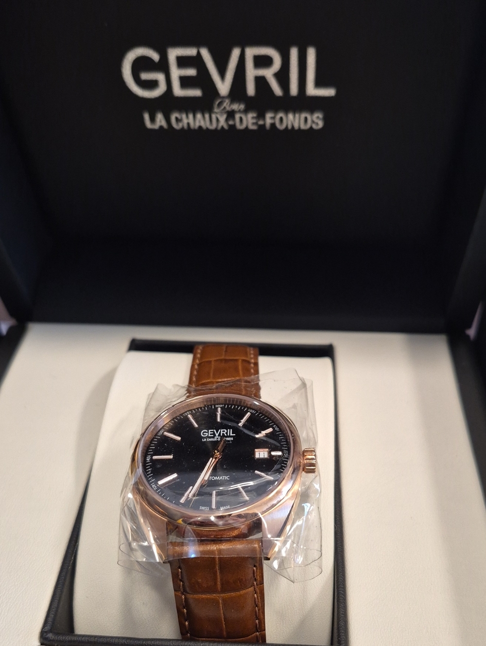 Gevril Men's Brown Leather Strap Watch with Black Dial